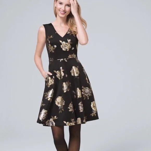 EUC White House Black Market Fit & Flare Metallic Floral Dress (Size: 4) - Picture 1 of 6